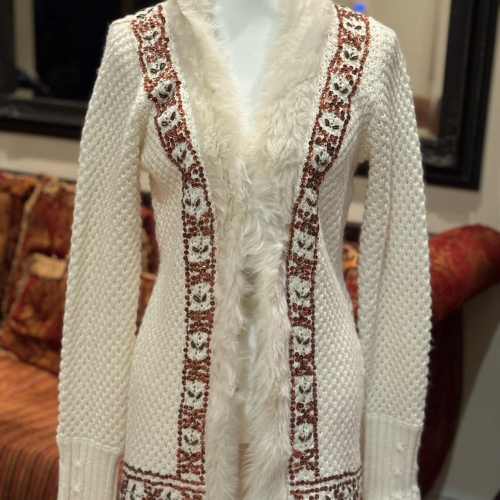 Cream and Brown Sequined Cardigan Sweater